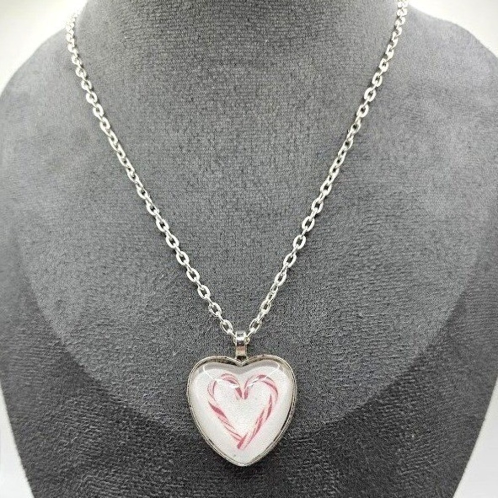 Handmade Necklace Silver Heart Candy Cane Christmas Pendant 21" Stainless Steel